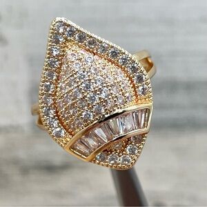 Beautiful Statement Bold Gold Tone Round Baguette Cut Diamond CZ Plated Ring